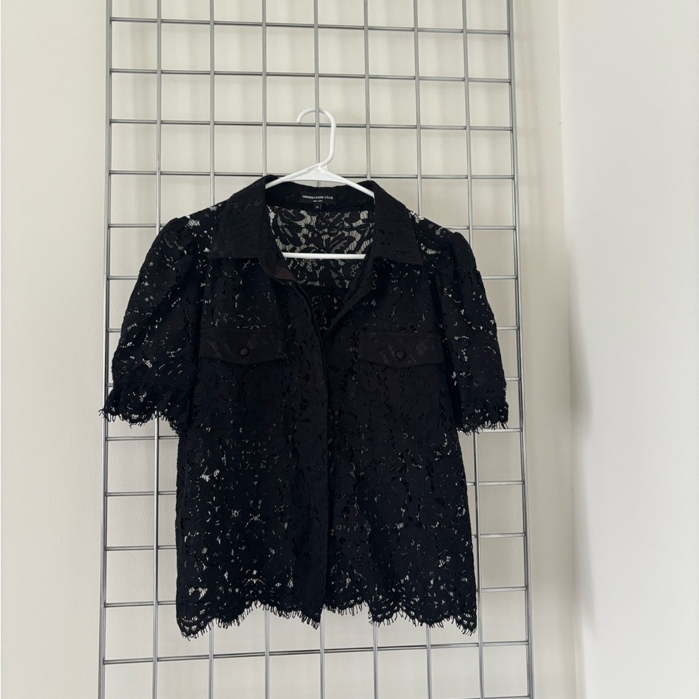 Generation Love Black Lace Short Sleeve Button-Up Blouse